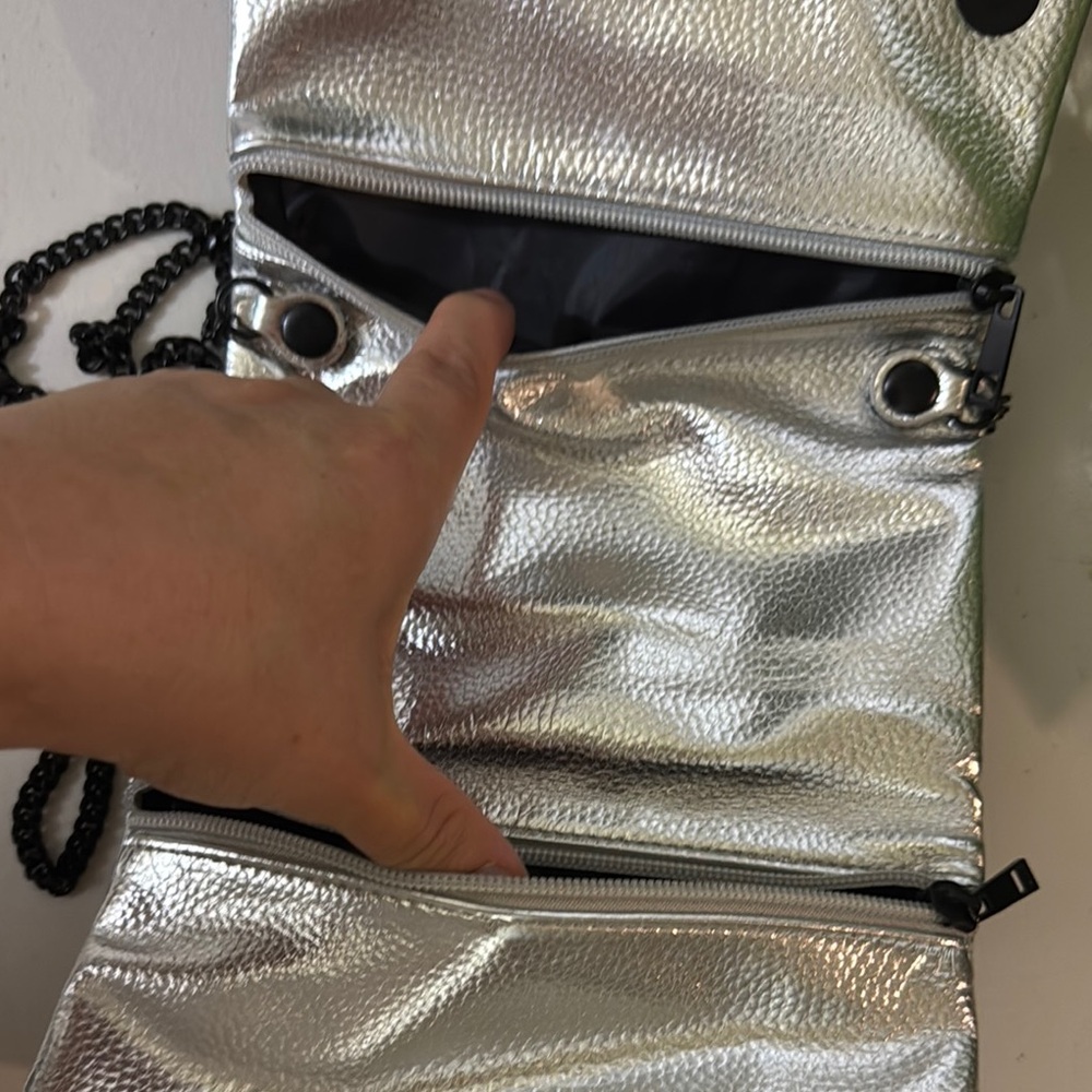 Women's Silver Metallic Crossbody Bag with Black Chain | Y2K Futuristic Purse | - Picture 7 of 9